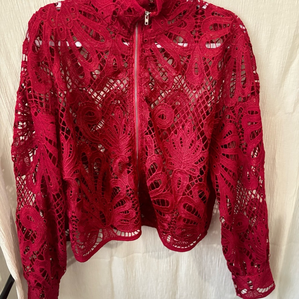 SHEIN Red Lace Cropped Jacket with Zipper